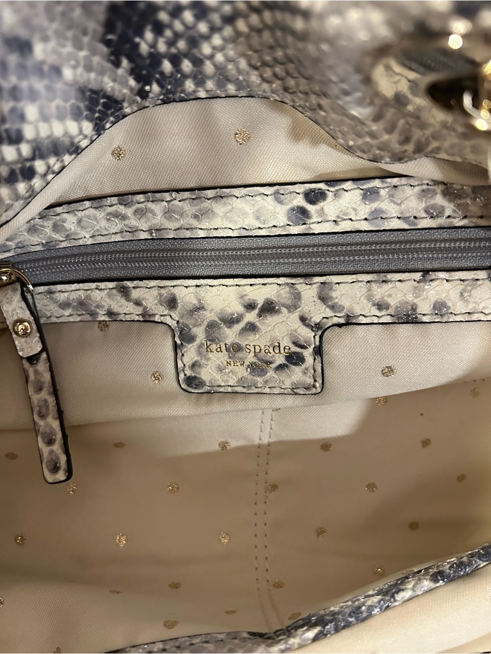 kate spade Cream and Gray Snake-Print Tote with Gold Accents